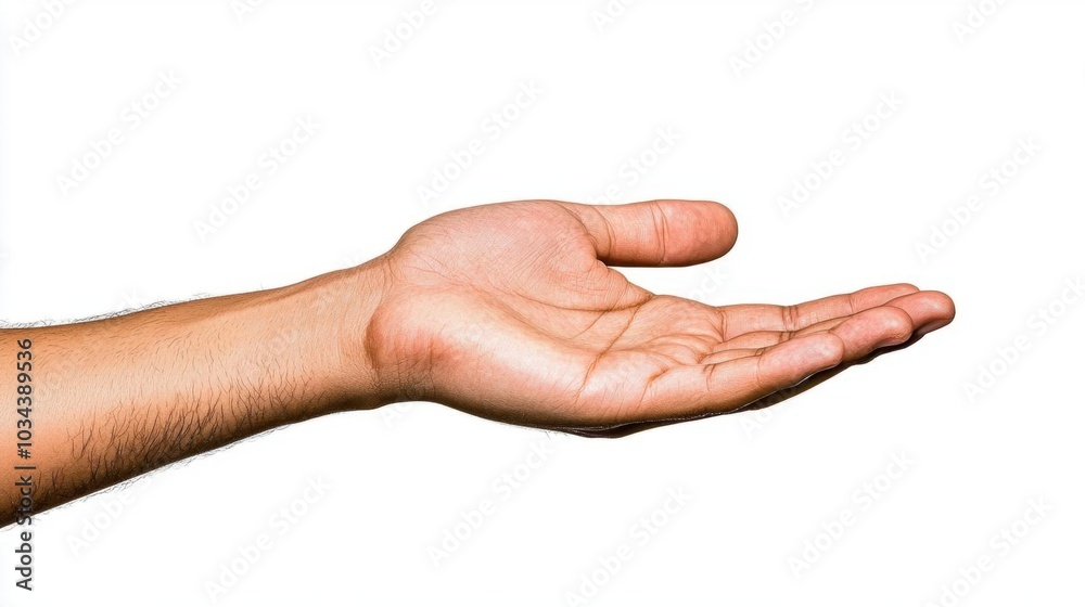 A photostock images of a hand reaching out with an open palm, isolated on white background, High Quality