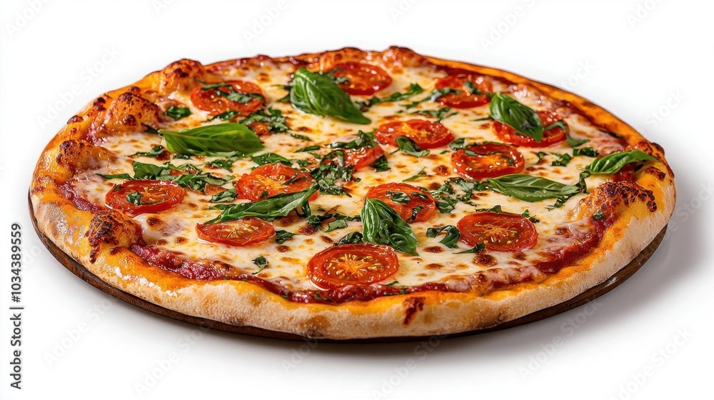 A photostock images of a hot pizza topped with melted cheese, fresh basil, and tomatoes, isolated on white background, High Quality A photostock images of a hot pizza topped with melted cheese, fresh basil, and tomatoes, isolated on white background, High Quality