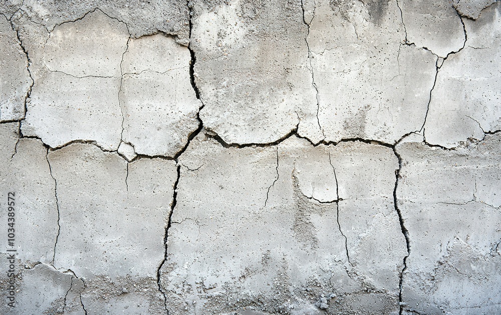 Obraz premium Cracked concrete wall revealing wear and tear over time in an urban environment showcasing natural weathering effects
