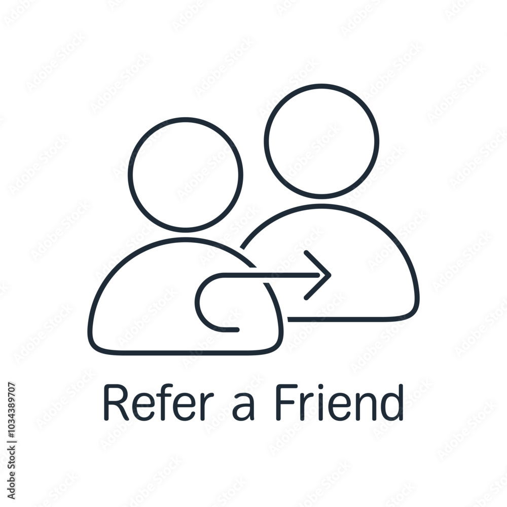 Refer a friend concept. Friends for community or social media group and earn rewards, money bonus. Online referral program. Vector linear icon isolated on white background. Refer a friend concept. Friends for community or social media group and earn rewards, money bonus. Online referral program. Vector linear icon isolated on white background.