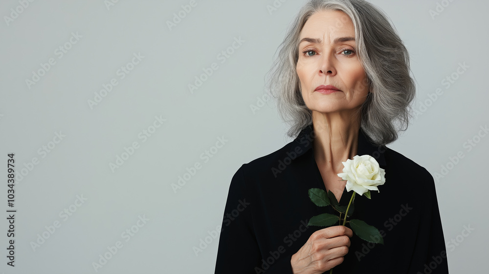 Serious mature woman with grey hair wearing black holding a white rose while standing against a grey background Serious mature woman with grey hair wearing black holding a white rose while standing against a grey background