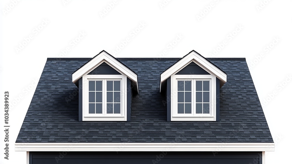 The image displays a dark blue roof with two white dormer windows; the flat roof has a gentle slope and a white background The image displays a dark blue roof with two white dormer windows; the flat roof has a gentle slope and a white background