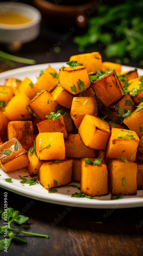 Roasted butternut squash cube pieces garnished with fresh herbs arranged on a white plate. Vertical, close-up, side view. Roasted butternut squash cube pieces garnished with fresh herbs arranged on a white plate. Vertical, close-up, side view.