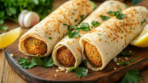 Crispy falafel wraps, isolated on a wooden board with decorative parsley, lemon wedges, and garlic cloves