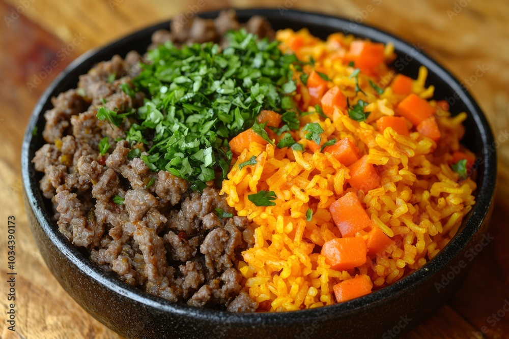 A Bowl of Ground Beef, Yellow Rice with Carrots, and Parsley A Bowl of Ground Beef, Yellow Rice with Carrots, and Parsley