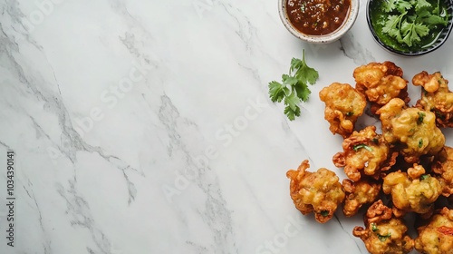 Crispy pakoras, isolated on a light marble surface with decorative chutney bowls and fresh coriander photo