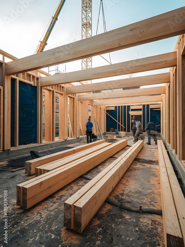 Sitio de construcción donde se está construyendo una extensión del edificio con una estructura de madera robusta
 photo