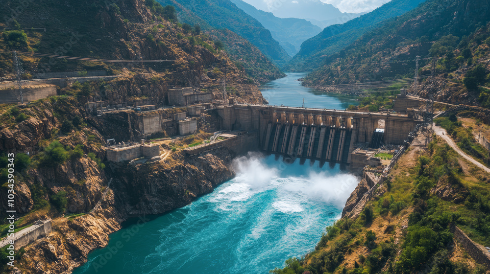 Picture a hydroelectric plant nestled in a stunning natural landscape, where a majestic river cascades down a rocky terrain. Picture a hydroelectric plant nestled in a stunning natural landscape, where a majestic river cascades down a rocky terrain.