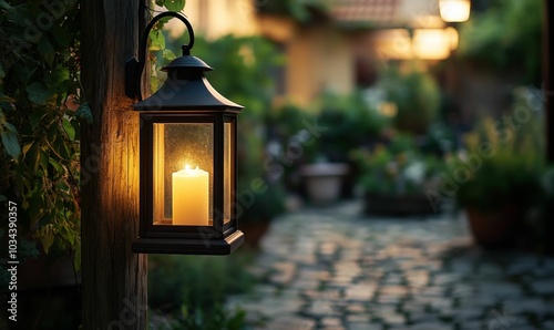 A candlelight lantern hangs from a post.