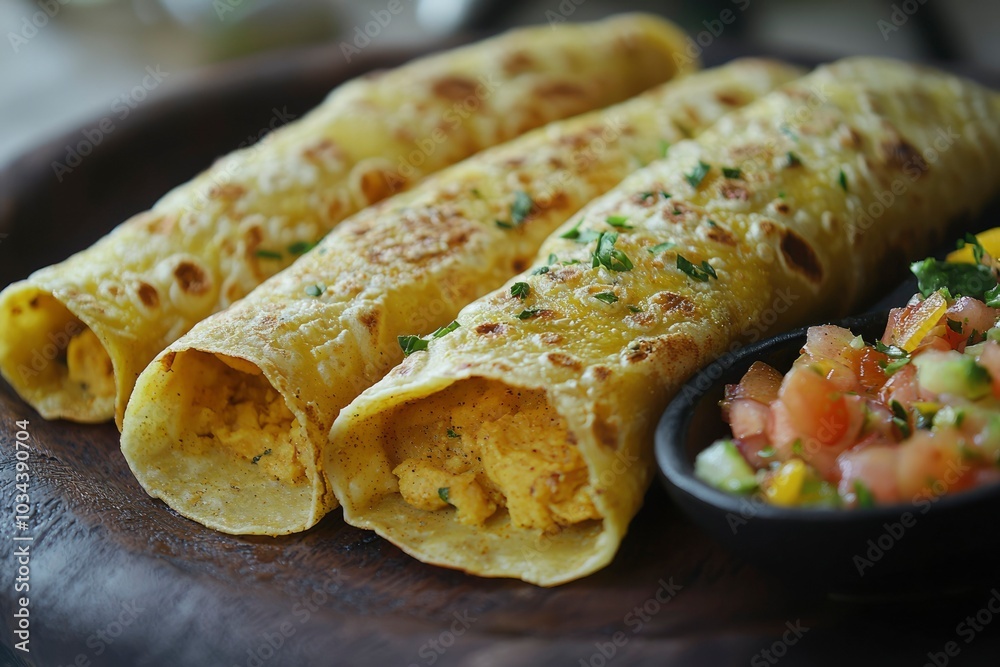 Three Golden Tortillas Filled with Scrambled Eggs and Served with Pico de Gallo