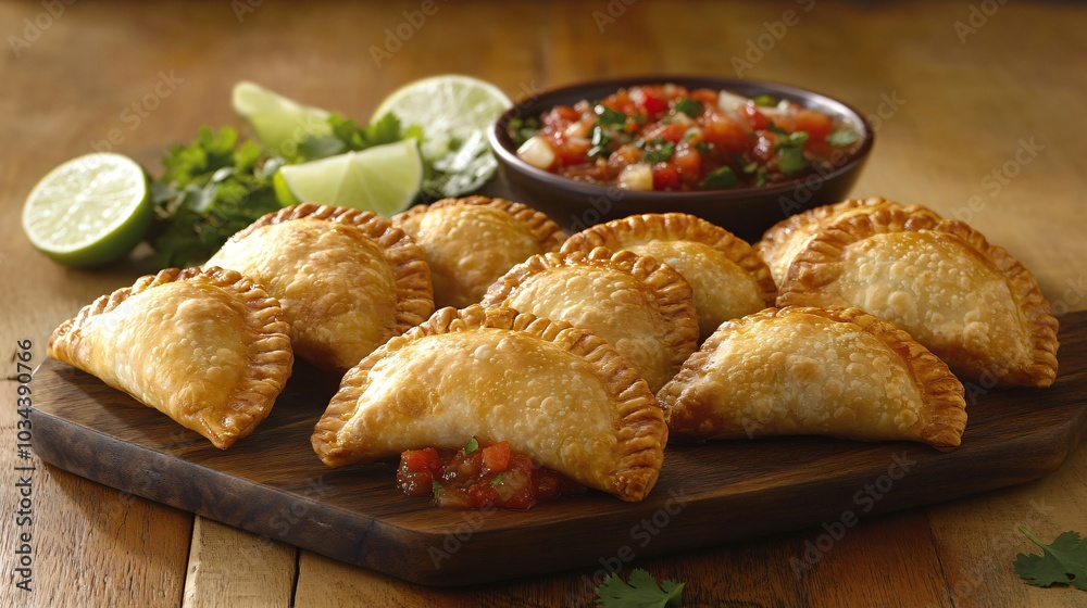 Golden empanadas, isolated on a wooden board with decorative salsa, fresh cilantro, and lime wedges Golden empanadas, isolated on a wooden board with decorative salsa, fresh cilantro, and lime wedges