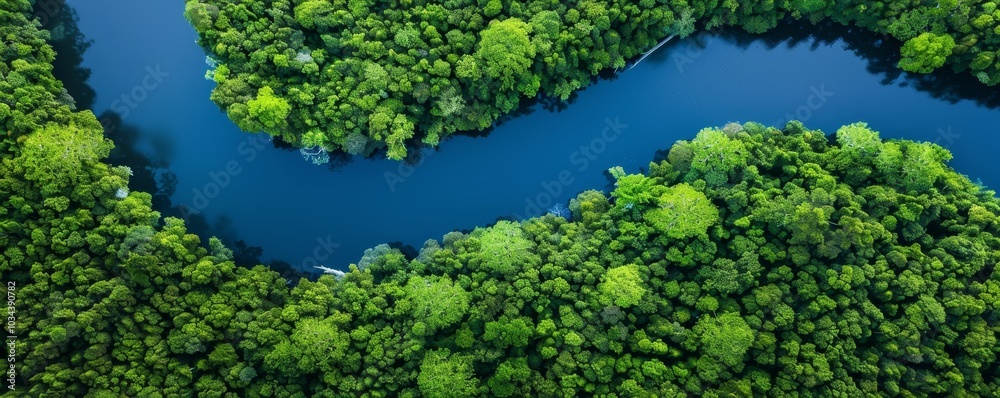 Aerial View of a River Cutting Through Lush Green Forest Canopy