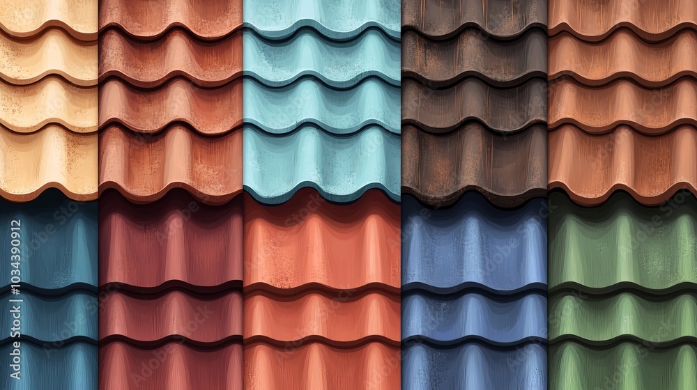 Vector set of traditional roof tile textures, featuring rounded wooden and clay wave tiles in blue, red, green, and brown tones on a white background Vector set of traditional roof tile textures, featuring rounded wooden and clay wave tiles in blue, red, green, and brown tones on a white background