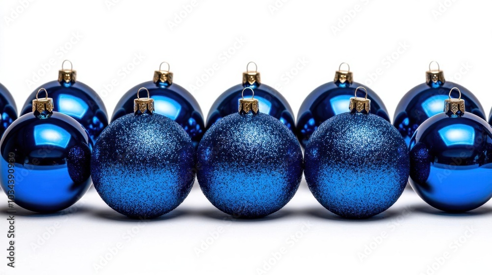 A photostock images of metallic blue Christmas ornaments arranged in a group, isolated on white background, High Quality A photostock images of metallic blue Christmas ornaments arranged in a group, isolated on white background, High Quality