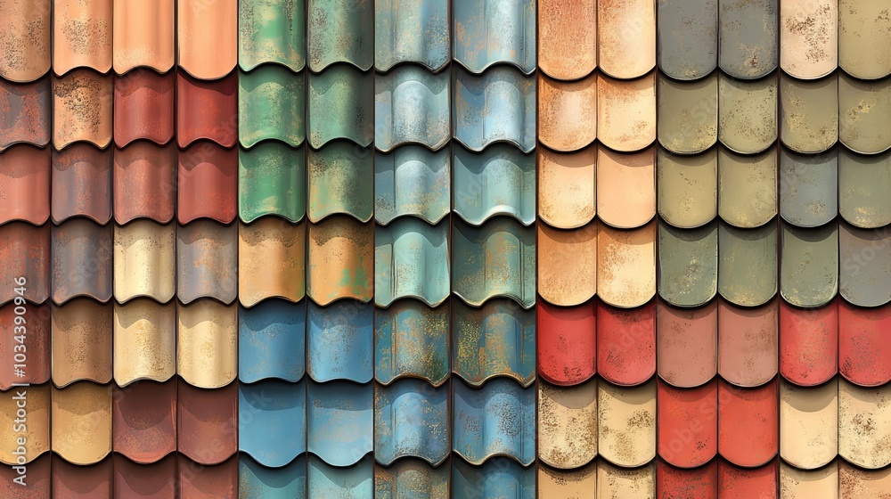 Vector set of traditional roof tile textures, featuring rounded wooden and clay wave tiles in blue, red, green, and brown tones on a white background Vector set of traditional roof tile textures, featuring rounded wooden and clay wave tiles in blue, red, green, and brown tones on a white background