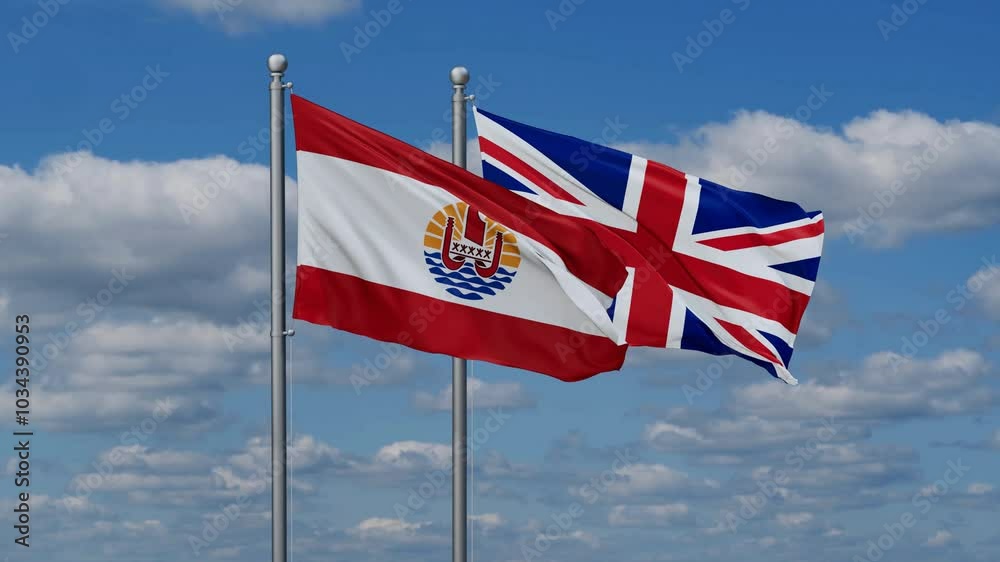 United Kingdom and French Polynesia flags flying together, video concept of the relationship, two country cooperation concept United Kingdom and French Polynesia flags flying together, video concept of the relationship, two country cooperation concept