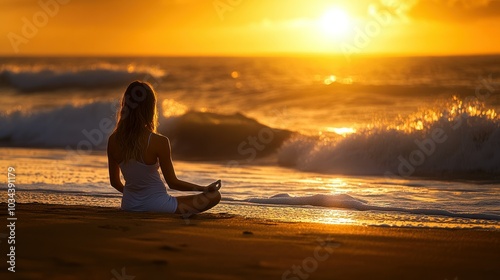 Woman meditating on a beach at sunset