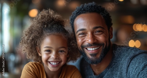 A father and daughter smile happily as they lean close together in a cafe filled with warm ambiance and elegant decor, creating a feeling of joy and togetherness.