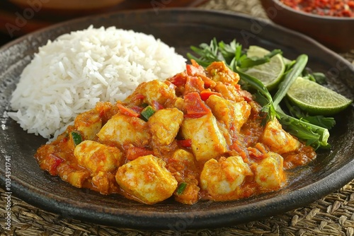 Chicken Curry Served with White Rice and Lime Wedges