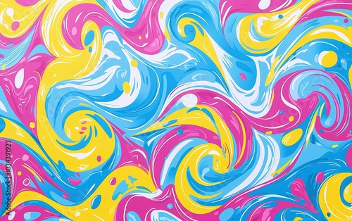 Colorful abstract swirl design featuring vibrant pink, blue, and yellow patterns that evokes a playful and dynamic atmosphere