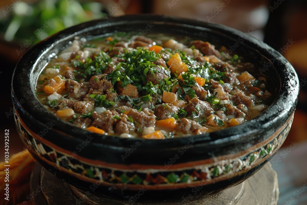Close-Up of a Clay Pot Filled with Hearty Stew Close-Up of a Clay Pot Filled with Hearty Stew