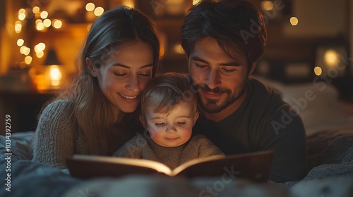 A couple sits comfortably on a bed, reading a bedtime story to their smiling toddler. The room is softly illuminated by warm lights, creating a serene atmosphere.