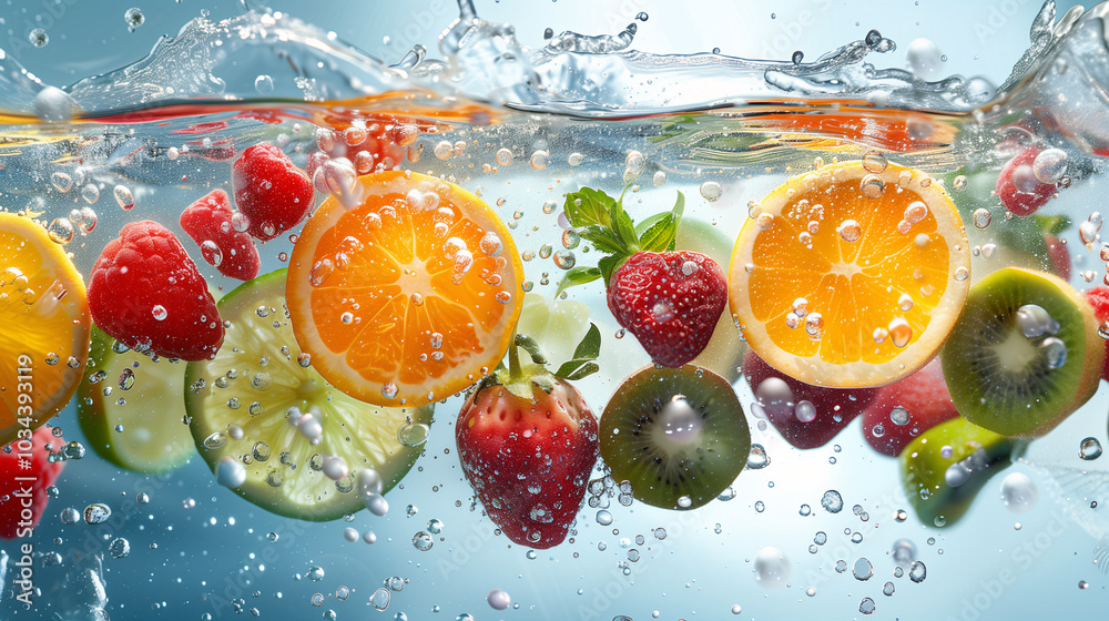 Rodajas de frutas frescas sumergidas en agua con salpicaduras Rodajas de frutas frescas sumergidas en agua con salpicaduras
