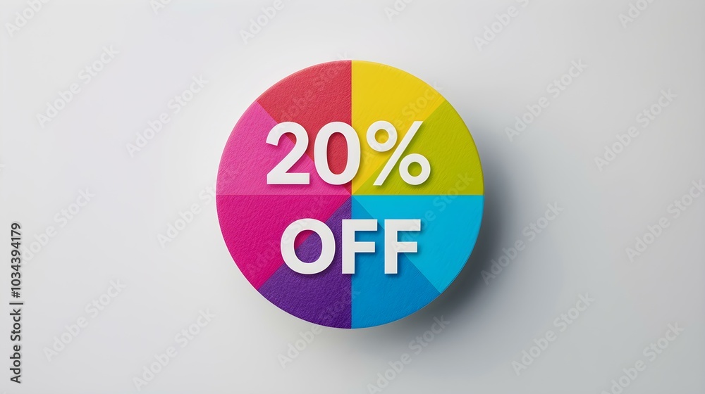 White '20% OFF' Text on a Multicolor Round Paper Note. White Background with Copy Space White '20% OFF' Text on a Multicolor Round Paper Note. White Background with Copy Space