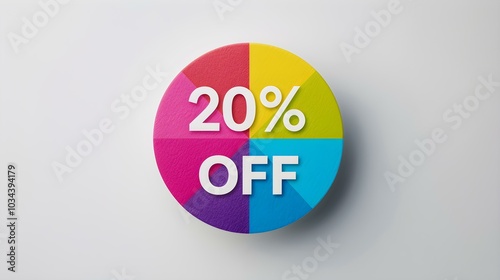 White '20% OFF' Text on a Multicolor Round Paper Note. White Background with Copy Space