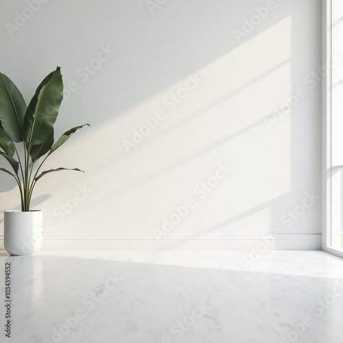 sala com parede e piso branco liso com planta e janela mockup	