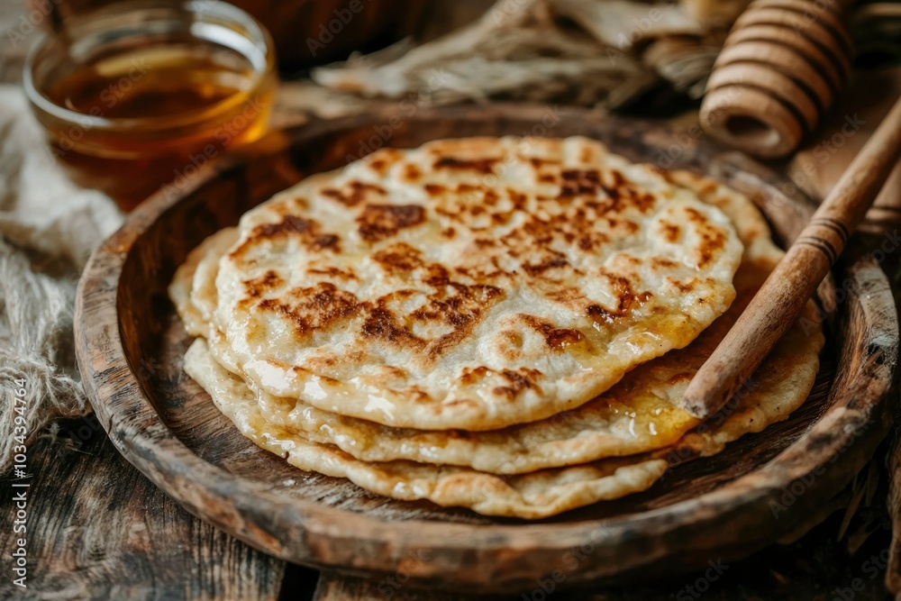 Stacked Flatbread Drizzled with Honey on Rustic Wooden Plate Stacked Flatbread Drizzled with Honey on Rustic Wooden Plate