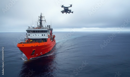 Red ship and drone on the ocean. photo