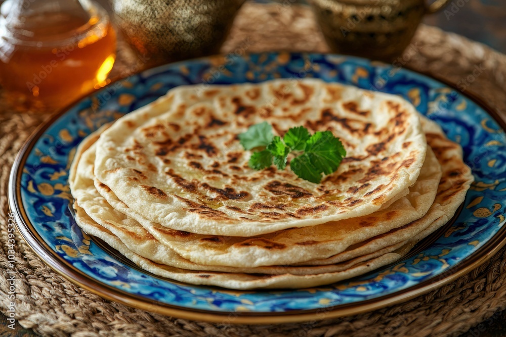 Stack of Flatbreads on a Blue and Gold Plate Stack of Flatbreads on a Blue and Gold Plate