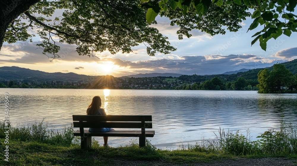 A Solitary Figure on a Bench Facing a Lake at Sunset A Solitary Figure on a Bench Facing a Lake at Sunset