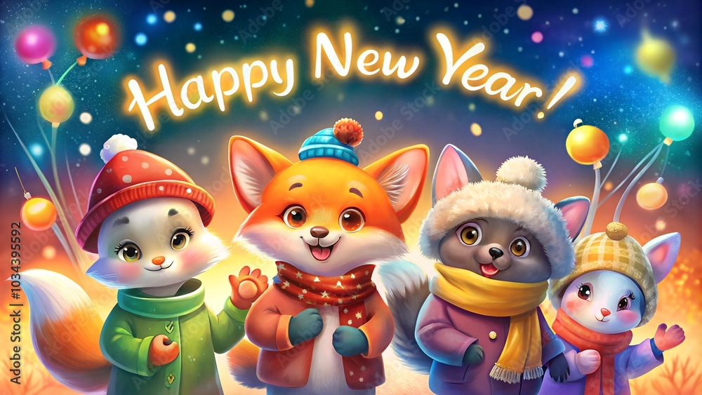 Fototapeta premium Digital Illustration of Cute Animals in Winter Clothes Celebrating New Year 