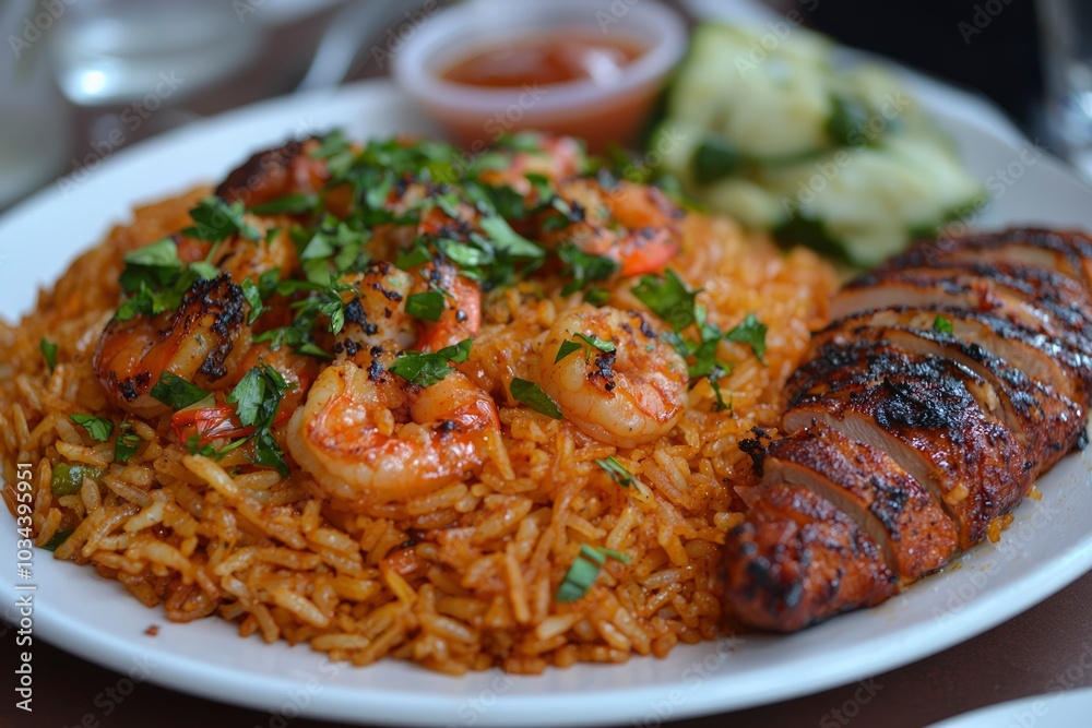 Grilled Shrimp and Chicken with Rice and Parsley on a White Plate Grilled Shrimp and Chicken with Rice and Parsley on a White Plate