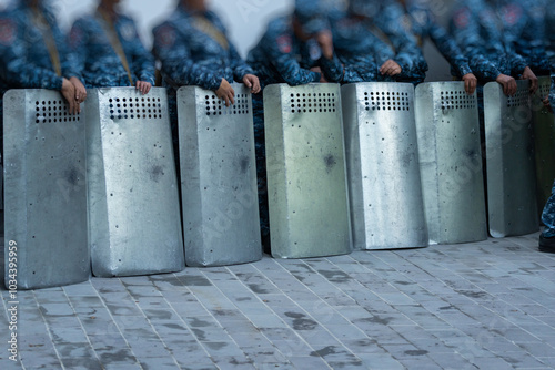 Εκτύπωση καμβά Police with shields during a protest in the city, political unrest