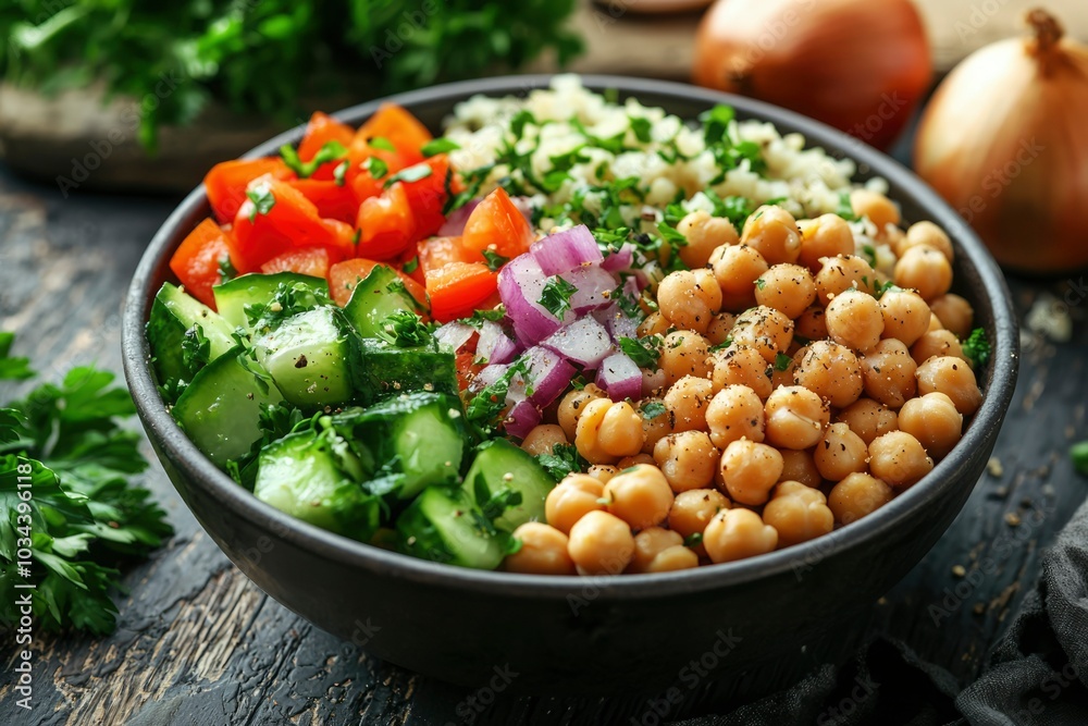 Bowl of Chickpeas, Cucumber, Tomatoes, Red Onion, and Parsley