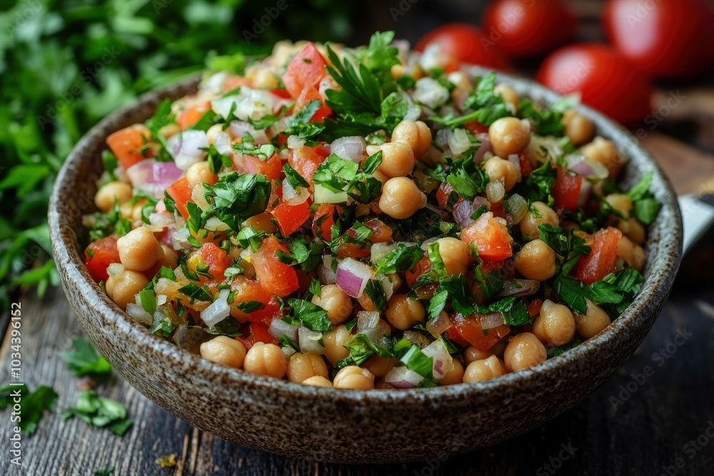 A bowl of chickpea salad with tomatoes, onions, and parsley A bowl of chickpea salad with tomatoes, onions, and parsley