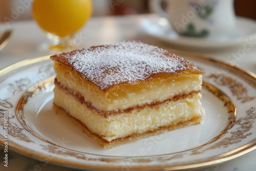 A Piece of Creamy Custard Dessert Topped with Powdered Sugar on a Gold-Trimmed Plate