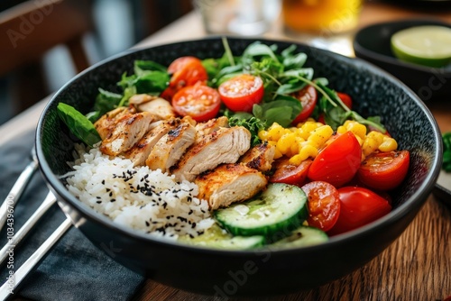 Grilled Chicken, Rice, and Vegetable Salad Bowl