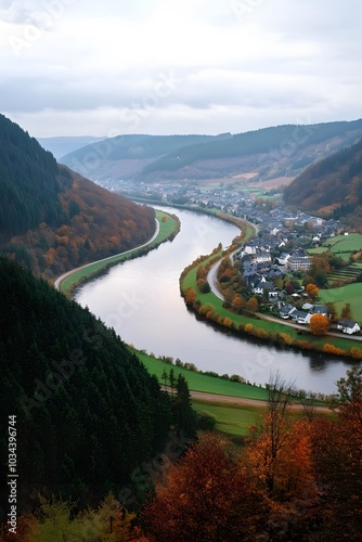 Scenic River Valley Landscape with Autumn Colors in a Serene Countryside Setting