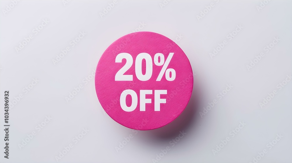 White '20% OFF' Text on a Pink Round Paper Note. White Background with Copy Space White '20% OFF' Text on a Pink Round Paper Note. White Background with Copy Space
