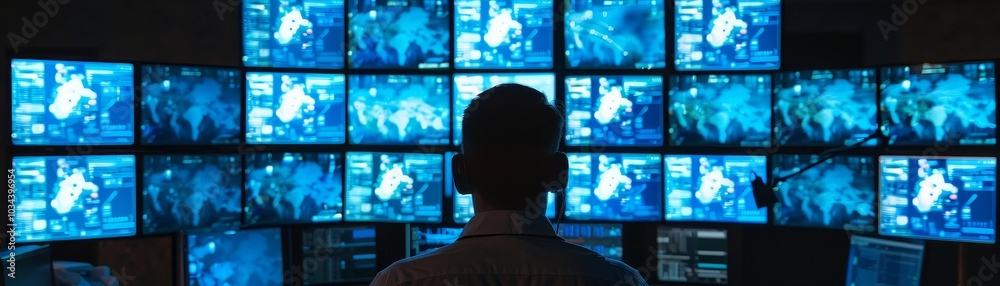 The Operator Silhouetted Figure Amidst a Wall of Data-Filled Screens The Operator Silhouetted Figure Amidst a Wall of Data-Filled Screens