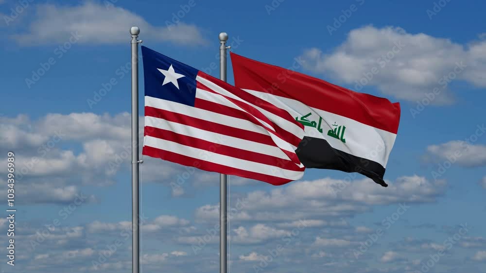 Iraq and Liberia two flags waving together on blue , video concept of the relationship Iraq and Liberia two flags waving together on blue , video concept of the relationship