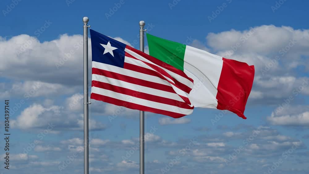 Italy and Liberia flags flying together, video concept of the relationship, two country cooperation concept Italy and Liberia flags flying together, video concept of the relationship, two country cooperation concept