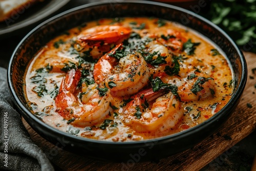 Close-up of Creamy Shrimp Soup with Herbs in a Black Bowl