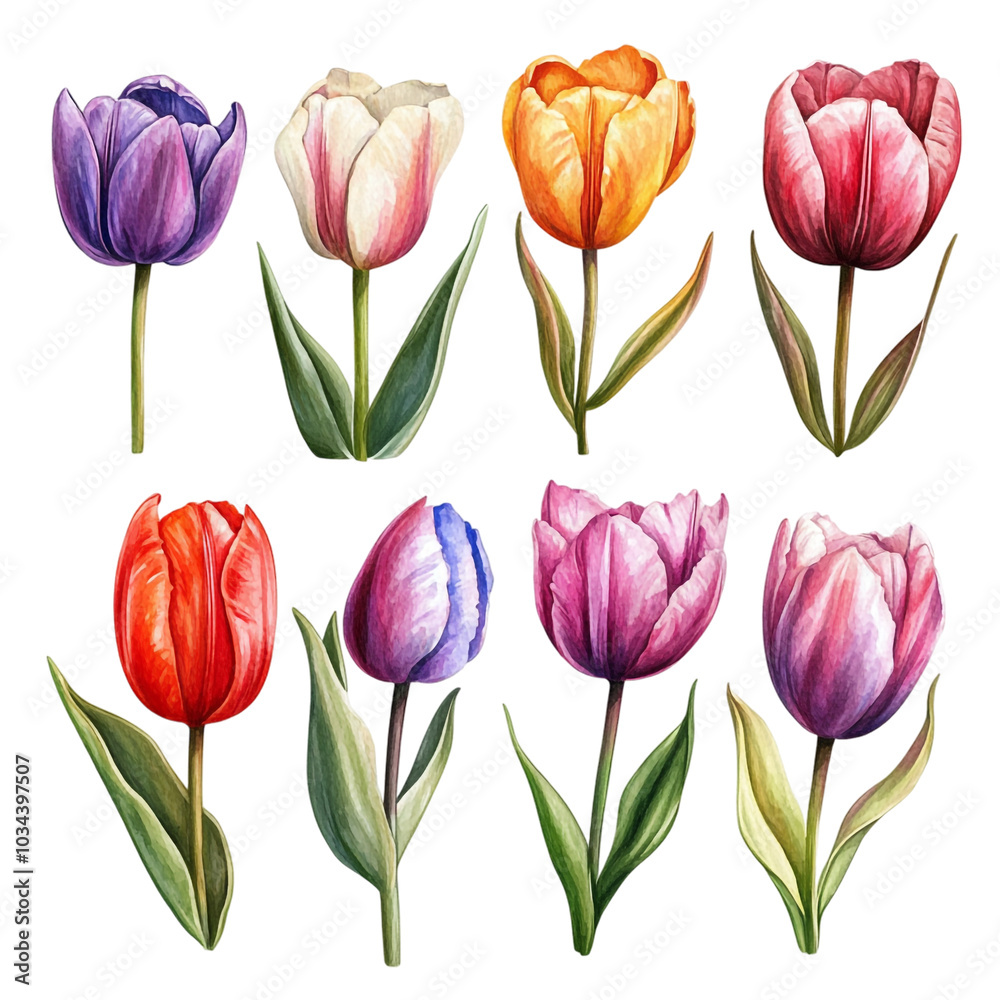 Fototapeta premium Different Color Tulip Set in Watercolor Style on transparent background