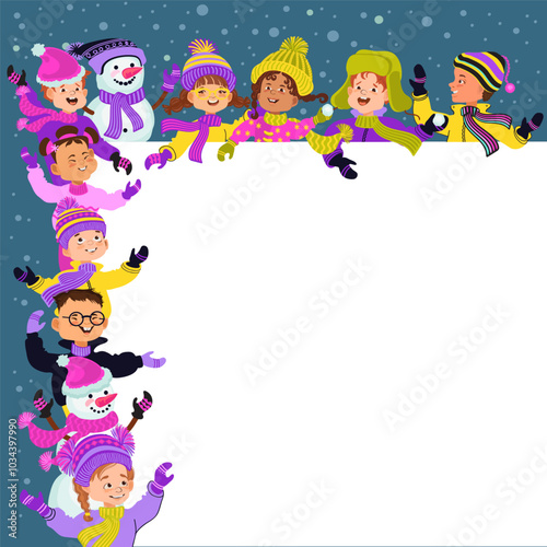 Happy kids in bright winter clothes and a snowman. Greeting card or poster template. Cheerful cartoon children and a place for your text. Vector flat illustration.