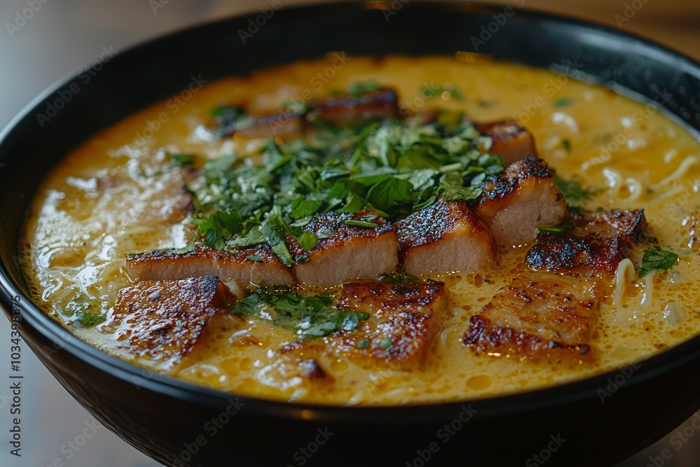 Close-up of a bowl of creamy soup with pork and herbs Close-up of a bowl of creamy soup with pork and herbs